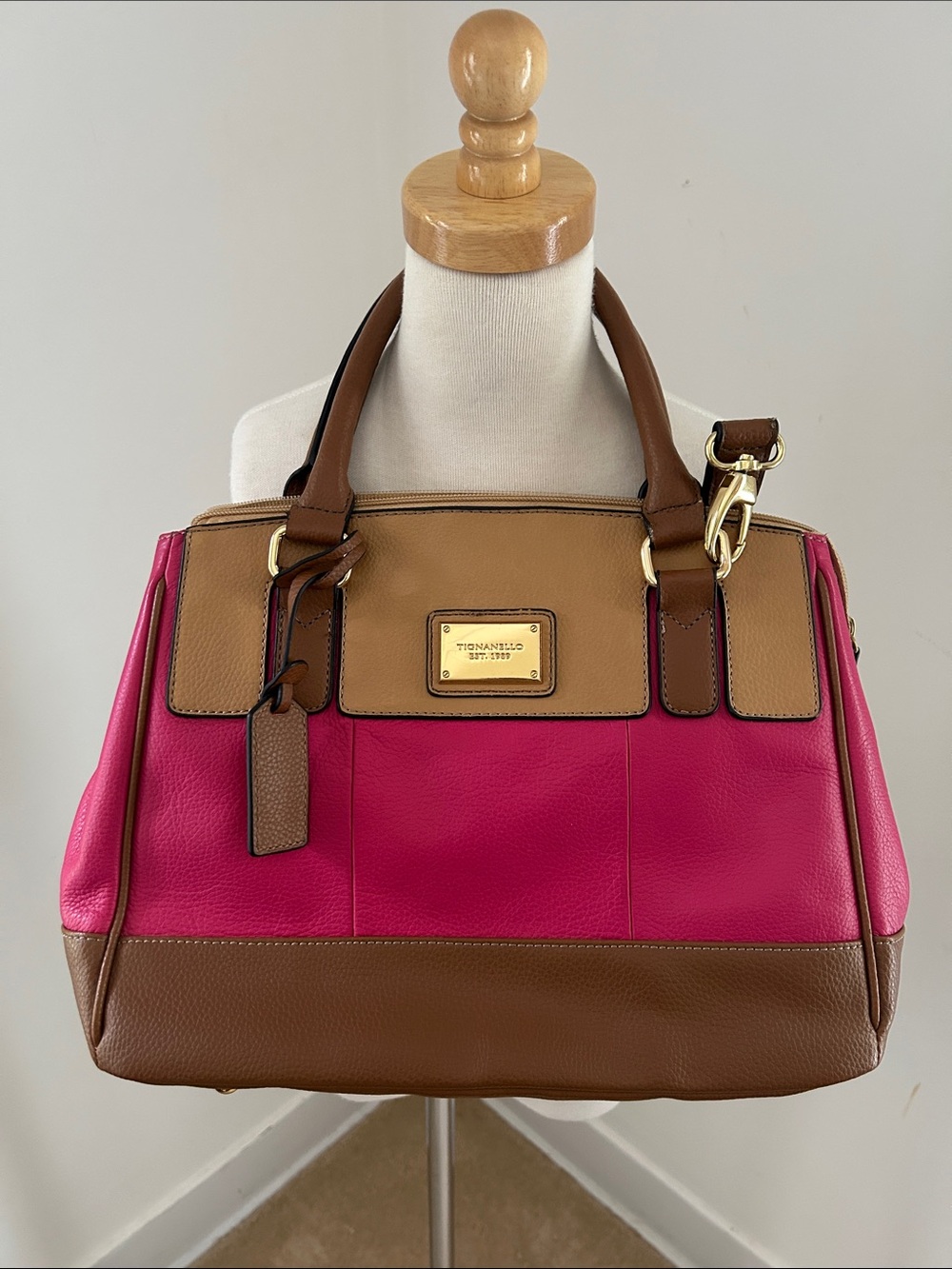 Tignanello Hot Pink and Brown Leather Satchel with Tan Trim